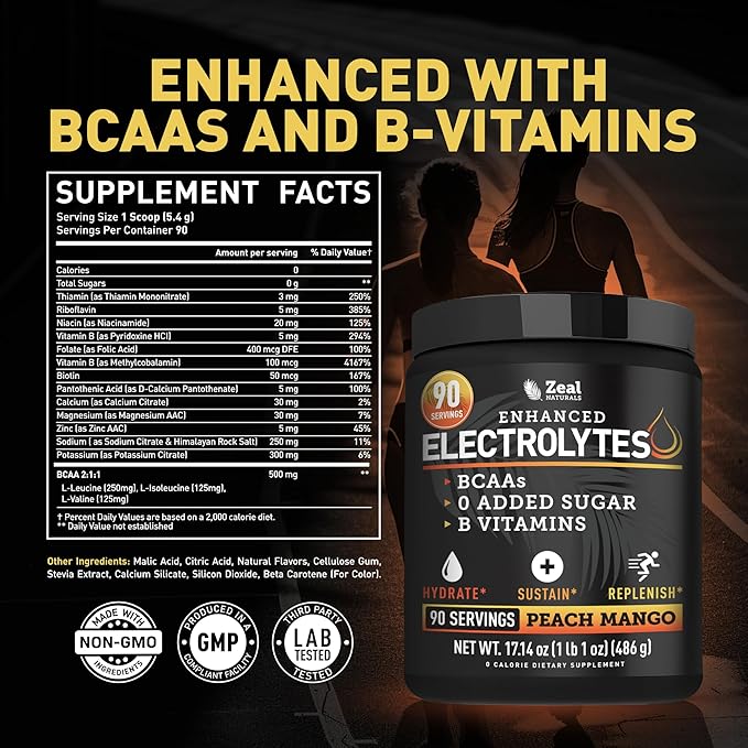 Zeal Electrolyte Powder - 90 Servings | Keto Electrolytes Powder | Zero Sugar, BCAAs, B-Vitamins | Potassium, Zinc, Magnesium | Hydration Powder Recovery Drink | Peach Mango