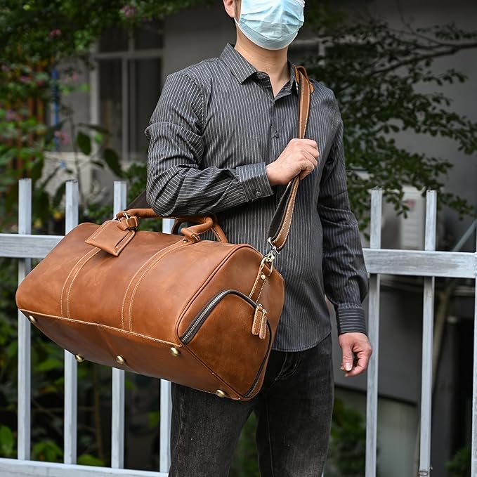 Leather Duffel Bags for Men and Women, 20 Inch Full Grain Leather Travel Overnight Weekend Duffel, 9804 Light Brown