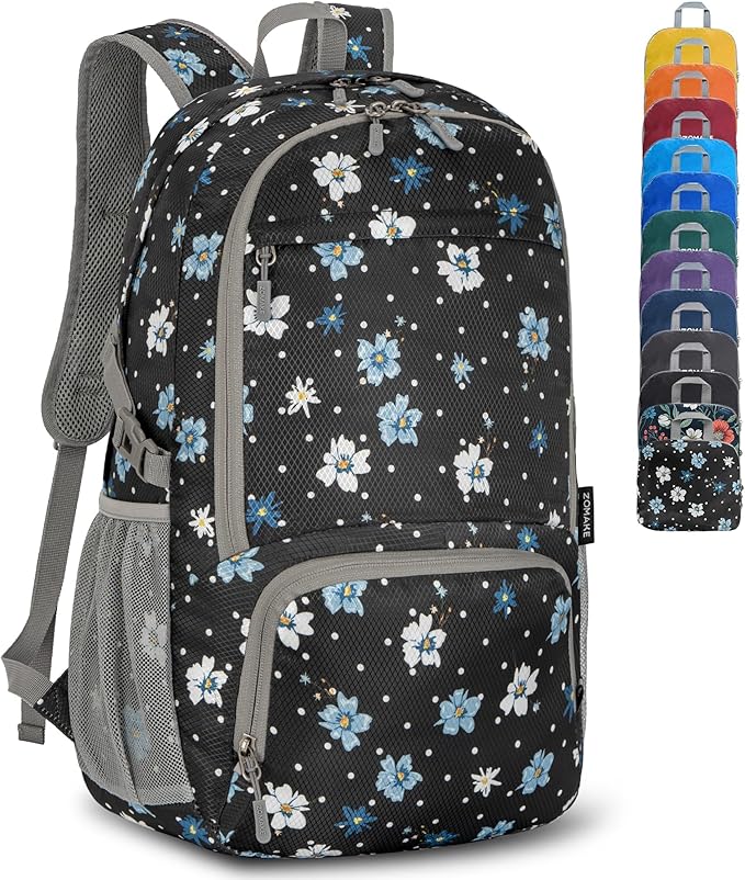 ZOMAKE Lightweight Packable Backpack 30L, Foldable Hiking Backpacks Water Resistant Compact Folding Daypack for Travel(Black,Floral pattern)