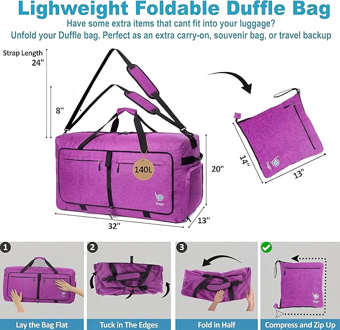 Bago Big XXL Foldable Duffel Bags for Traveling Women & Men - 140L Packable Duffle Bag for Travel with Shoe Compartment - Water Repellant, Heavy Duty, Lightweight Folding & Collapsible (SnowPink)
