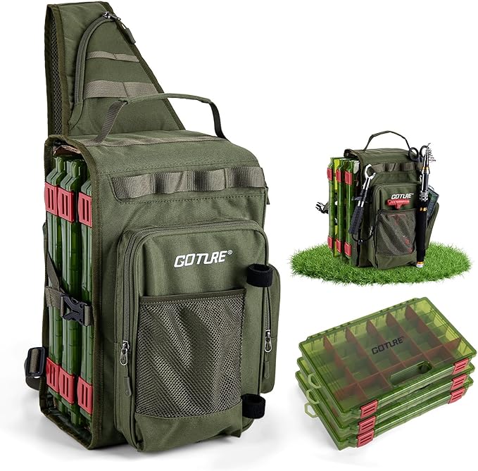 Goture OpenSide Tactical Sling Tackle Bag with 3 3700 Tackle Trays, Lightweight Fishing Backpack Storge Fishing Gear and Equipment - Green Bag Outdoor,Gift for men