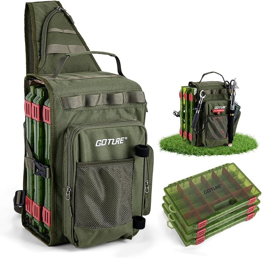 Goture OpenSide Tactical Sling Tackle Bag with 3 3700 Tackle Trays, Lightweight Fishing Backpack Storge Fishing Gear and Equipment - Green Bag Outdoor,Gift for men