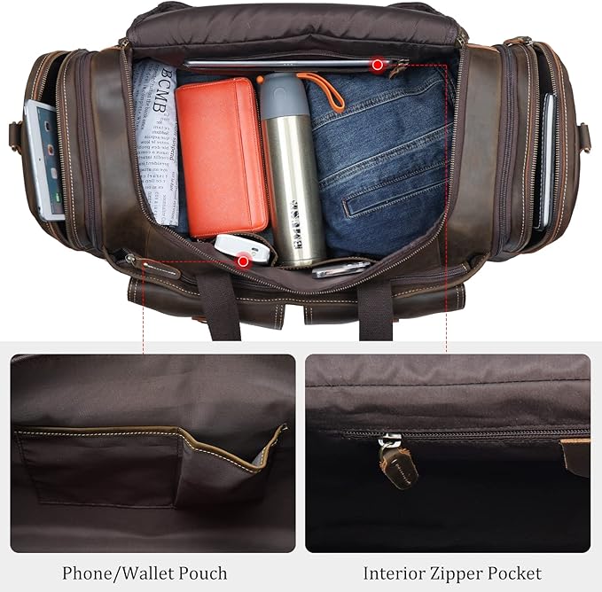 Polare 23" Expandable to 29'' Duffel Retro Thick Full Grain Cowhide Leather Gym Weekender Overnight Luggage Bag For Men