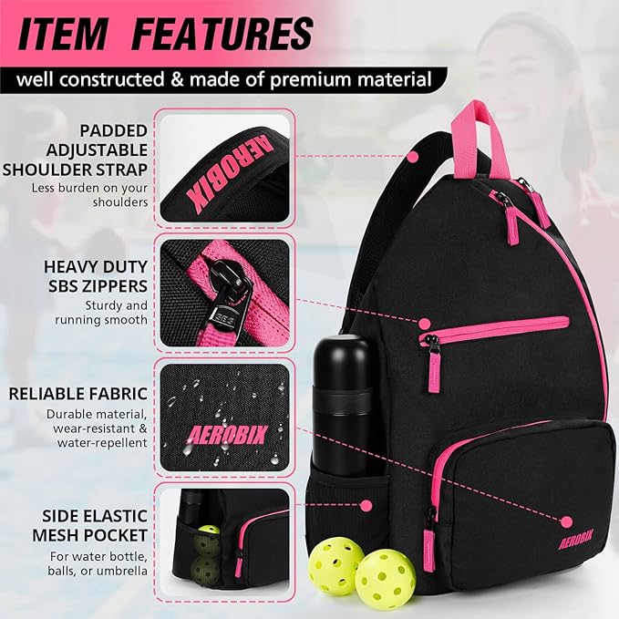 AEROBIX Pickleball Bag for Women & Men, Pickle Ball Backpack - Upgraded Zippers, Large Capacity, Padded Paddle Pocket, Adjustable Sling Bag (No Accessories)