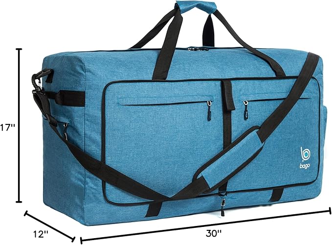 Bago Large Foldable Duffel Bags for Traveling Women & Men - 100L Packable Duffle Bag for Travel with Shoe Compartment - Water Repellant, Heavy Duty, Lightweight Folding & Collapsible (SnowBlue)