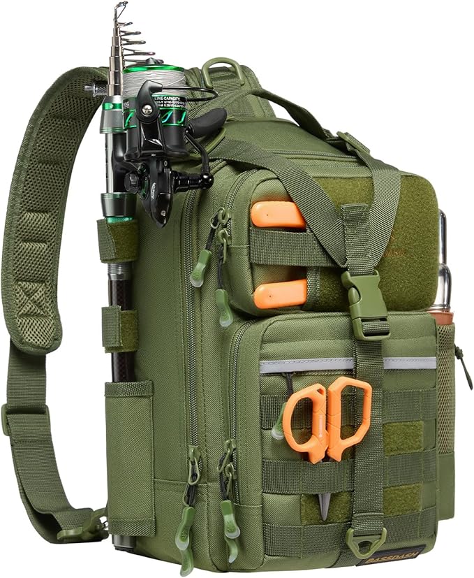 BASSDASH Convertible Fishing Backpack Sling Bag with Rod Holder, Adjustable Tactical Water-Resistant Tackle Storage Pack FP07