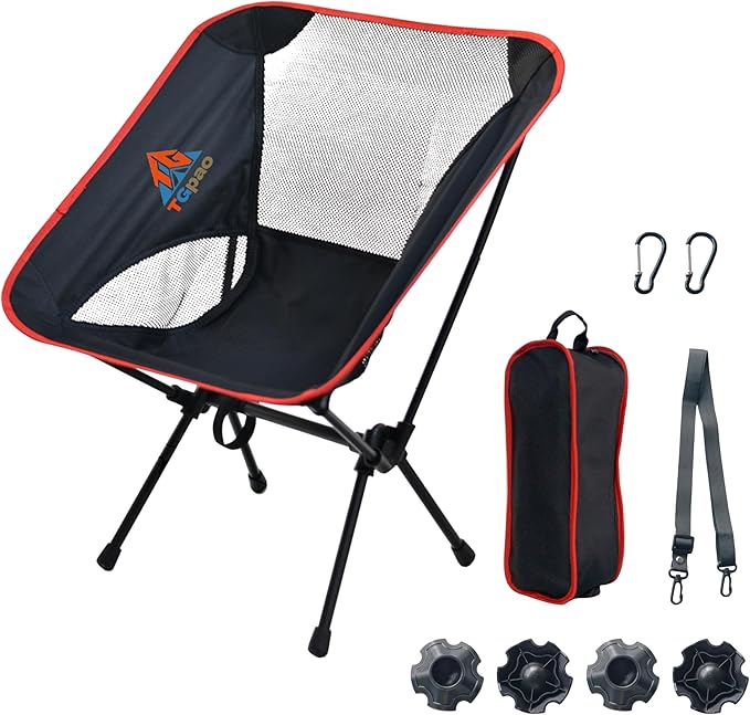 Lightweight Backpacking Folding Chair with Carry Bag,Stable and Sturdy Camping Chairs with Back Support, Fishing, Hiking and Beach Activities (Low backrest, Black and red, S)