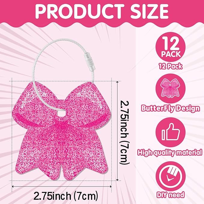 12 Pcs Cheerleader Bag Tags for Travel Bag Suitcase Luggage Tags, Cheer Bow Bows Keychain,Charm with Metal Ring 2.75in PVC Name Id and DIY Pocket Hug Card for Men Women Enthusiast
