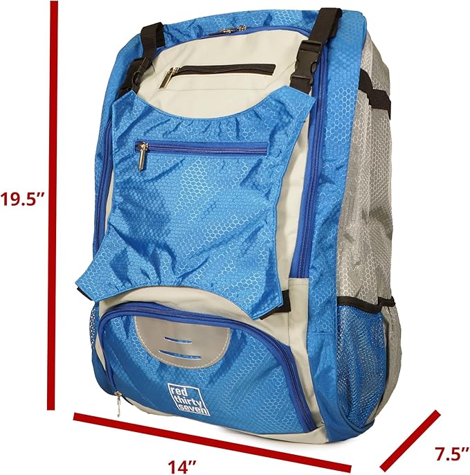 Baseball Backpack with Cleat/Shoe Pocket | Large Capacity | 19.5" T x 14" W x 7.5" D | Holds 4 Bats | External Helmet Storage | 3 Extra Zipper Pockets for Sunglasses, Seeds, Cell Phone (Blue/Gray)
