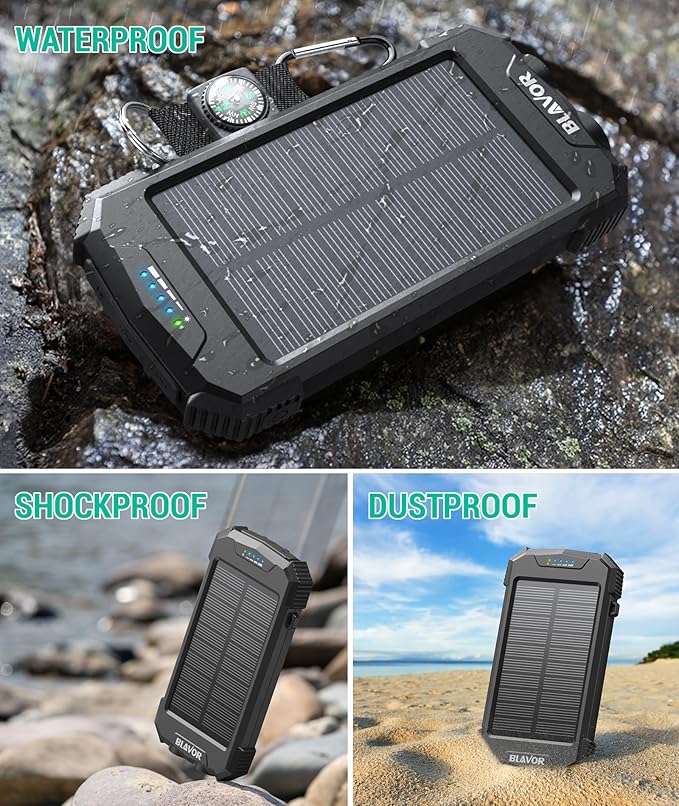 BLAVOR Solar Power Bank 10,000mAh, Portable Wireless Charger, 20W Fast Charging External Battery Pack with USB C for Cell Phones, Solar Panel Charging with Dual Flashlight for Camping