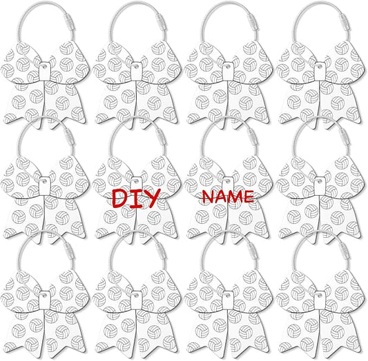 12 Pcs Volleyball Bow Luggage Tags for Volleyball Travel Suitcase Labels with Metal Ring 2.75in Volleyball-Related Keychain PVC Name ID Card and DIY Pocket Hug Card for Men Women Travel Bag Suitcase