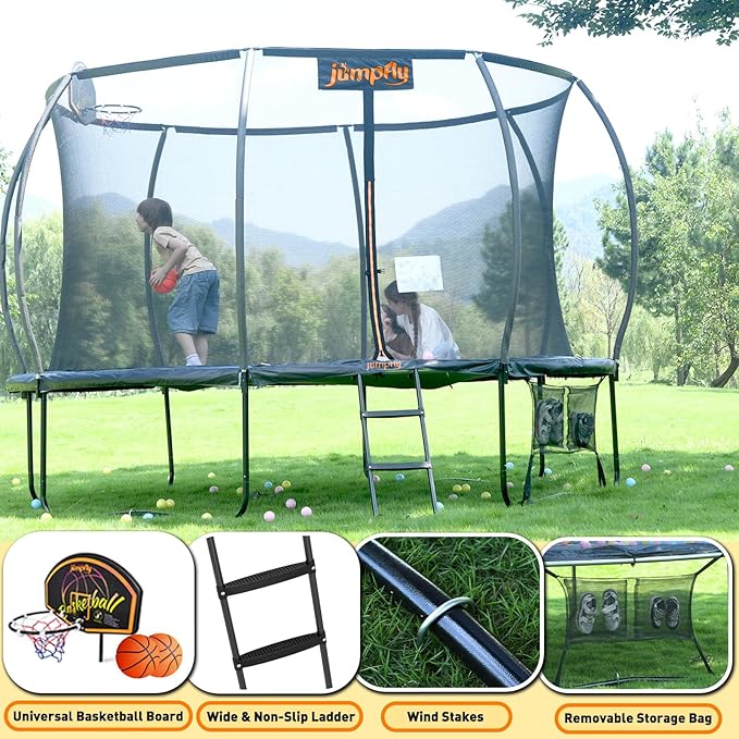 jumpfly Tranpoline 8/10/12/14/15/16FT Tranpoline Outdoor for Kids and Adults Recreational Tranpolines with Basketball Hoop, Anti-Rust Ladder, ASTM Approved