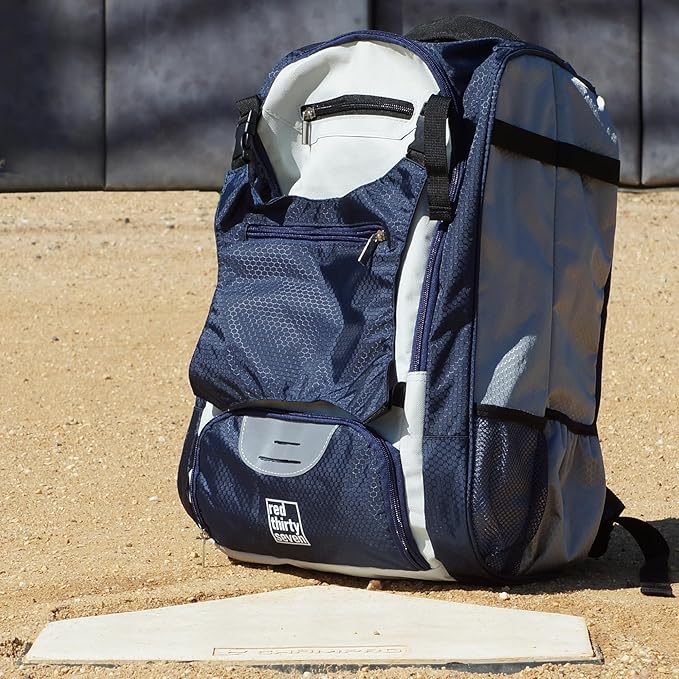 Baseball Backpack with Cleat/Shoe Pocket | Large Capacity | 19.5" T x 14" W x 7.5" D | Holds 4 Bats | External Helmet Storage | 3 Extra Zipper Pockets for Sunglasses, Seeds, Cell Phone (Navy/Gray)
