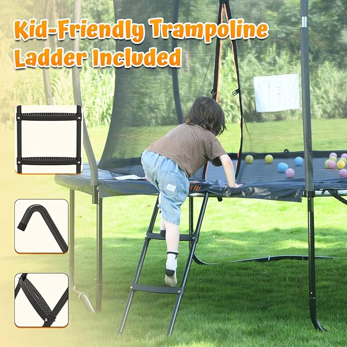 jumpfly Tranpoline 8/10/12/14/15/16FT Tranpoline Outdoor for Kids and Adults Recreational Tranpolines with Basketball Hoop, Anti-Rust Ladder, ASTM Approved