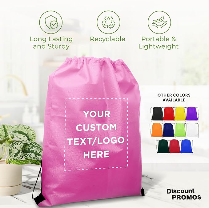 DISCOUNT PROMOS Custom Non-Woven Drawstring Backpacks Set of 10/50/100, Personalized Bulk Pack
