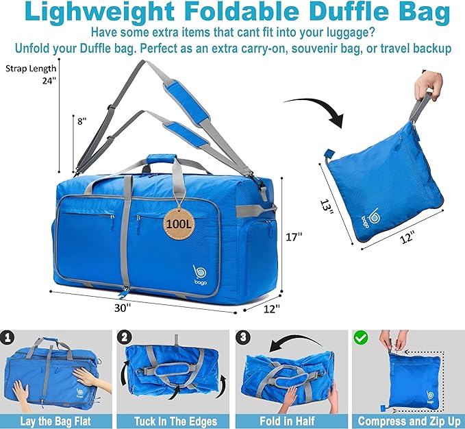 Bago Large Foldable Duffel Bags for Traveling Women & Men - 100L Packable Duffle Bag for Travel with Shoe Compartment - Water Repellant, Heavy Duty, Lightweight Folding & Collapsible (Blue)