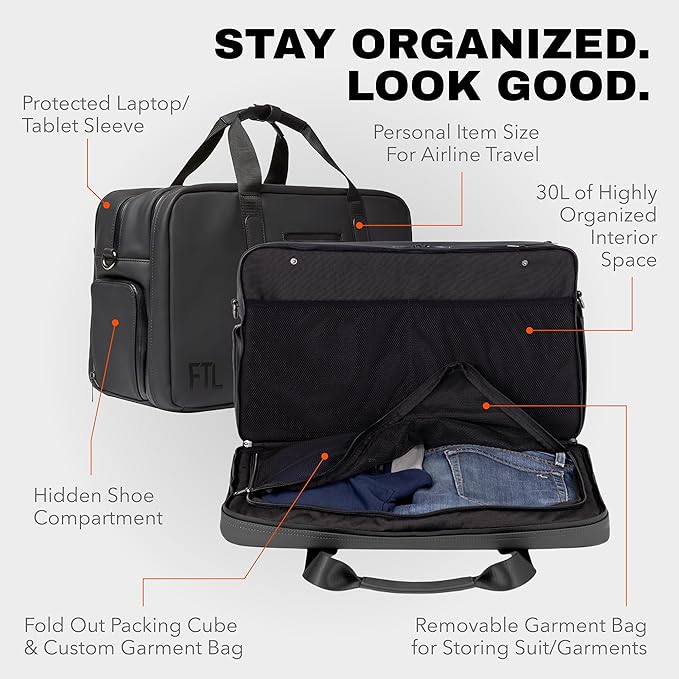 The FTL Pro Mens Travel Bag - 30L Premium Work to Gym Weekender Duffel with Garment Bag, Shoe Space & 18" Laptop Sleeve - Organized Athletic Business Carry On Hybrid, Fits Under Airplane Seat - Black