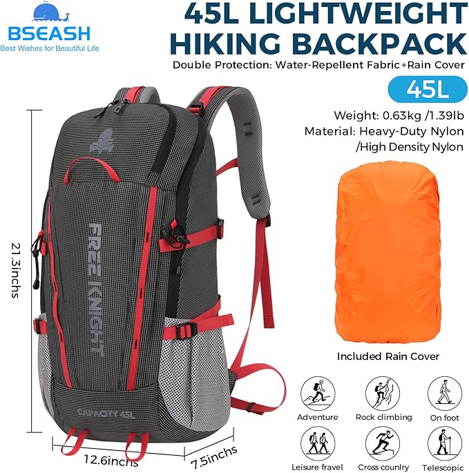 Bseash 45L Waterproof Hiking Camping Backpack with Rain Cover, Outdoor Sport Travel Bag Daypack for Climbing Skiing Cycling (Black)