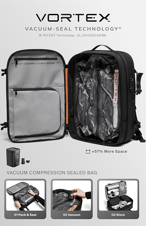 BlackVoyage Vortex Vacuum Seal Travel Backpack 60L Expandable Air Compression System Water Resistant TSA Lock Carry-On Suitcase Luggage Black Zephyr - Vacuum Pump Included