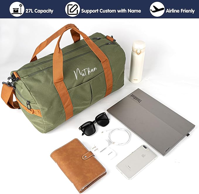 Duffle Bag for Men Personalized Overnight Bags Travel Bag with Durable Canvas Weekender Overnight Bag with Shoe Compartment Custom Groomsmen Gift for Travel Gym Storage Camping Moving (Green)