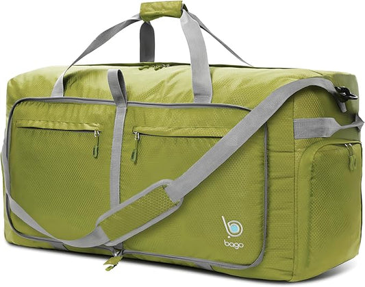 Bago Large Foldable Duffel Bags for Traveling Women & Men - 120L Packable Duffle Bag for Travel with Shoe Compartment - Water Repellant, Heavy Duty, Lightweight Folding & Collapsible (Green)