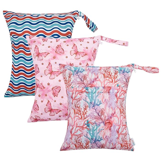 ALVABABY 3pcs Cloth Diaper Wet Dry Bags Waterproof Reusable with Two Zippered Pockets Travel Beach Pool Daycare Soiled Baby Items Yoga Gym Bag for Swimsuits or Wet Clothes 3L-ZM19A