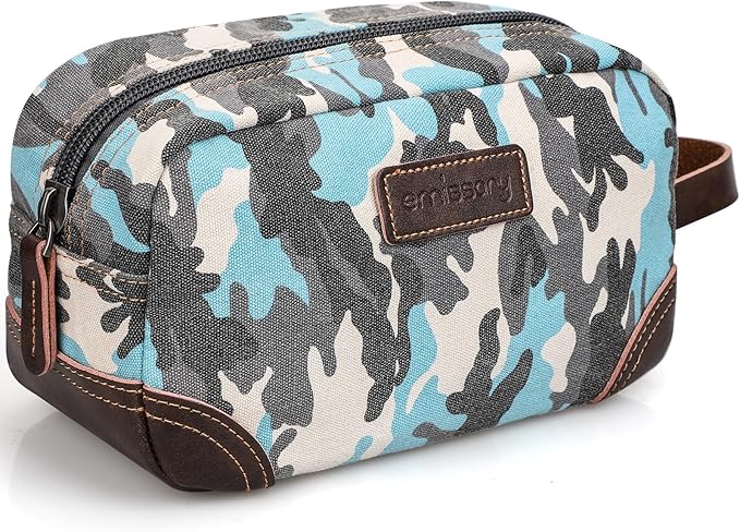 emissary Men's Toiletry Bag, Leather and Canvas Travel Toiletry Bag, Dopp Kit for Men,Bathroom Bag Men's Shaving Kit, Travel Kit Small Bags for Men, Shaving Bag for Travel (Camo-Blue)