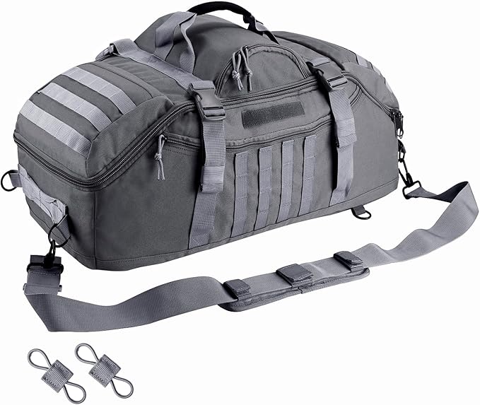 55L Large Duffle Bag, 3-in-1 Tactical Backpack MOLLE Pack for Sports, Gym, Outdoor, Grey
