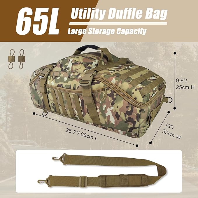 65L Large Travel Duffle Bag Military Tactical Backpack, Army Assault Pack 3 Day Bug Out Rucksack for Outdoor Sports Hiking Camping with Molle System, CP Camo