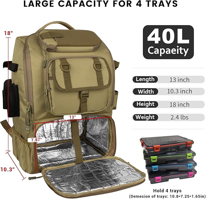 Hp hope Fishing Backpack with Rod Holders & Cooler, 40L Fishing Tackle Bag Fishing Tackle Storage Backpack Fishing Gear for Camping, Khaki