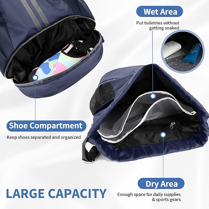 Drawstring Backpack Gym Bag with Shoes Compartment for Soccer, Basketball, Swim, Water-Resistant String Backpack Beach Cinch for Women Men, Navy Blue