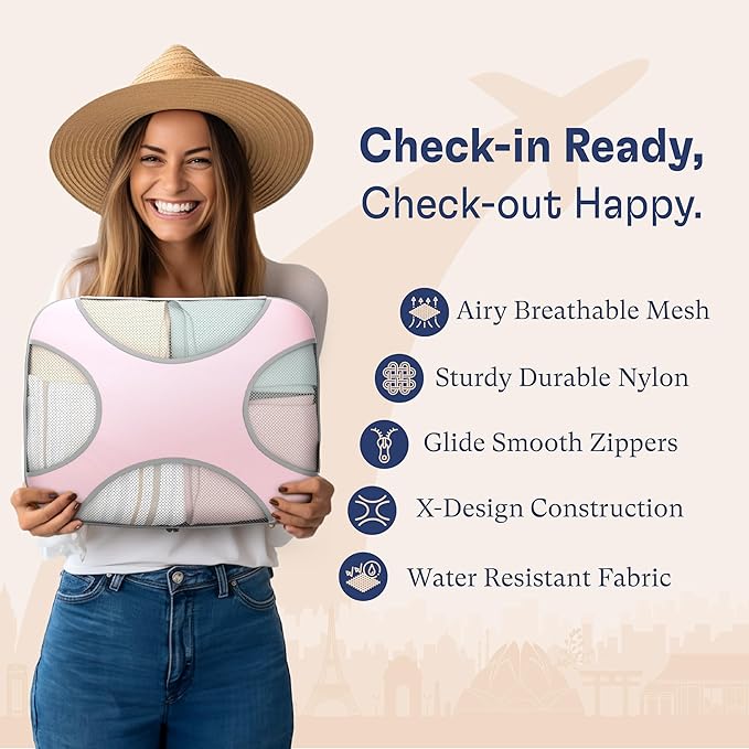 Shacke Premium 5 Packing Cubes Set - Lightweight Mesh Travel Luggage Organizers with Laundry Bag, 5-Piece Suitcase Storage System (Petal Pink)