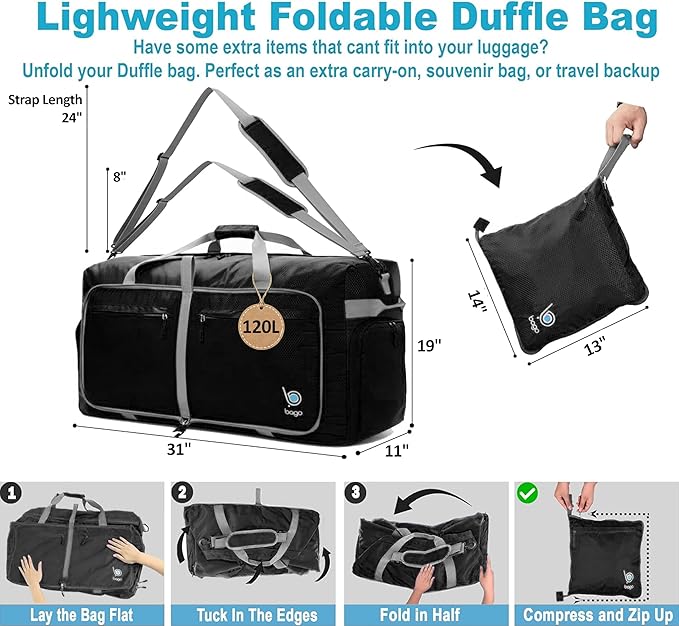 Bago Large Foldable Duffel Bags for Traveling Women & Men - 120L Packable Duffle Bag for Travel with Shoe Compartment - Water Repellant, Heavy Duty, Lightweight Folding & Collapsible (Black)