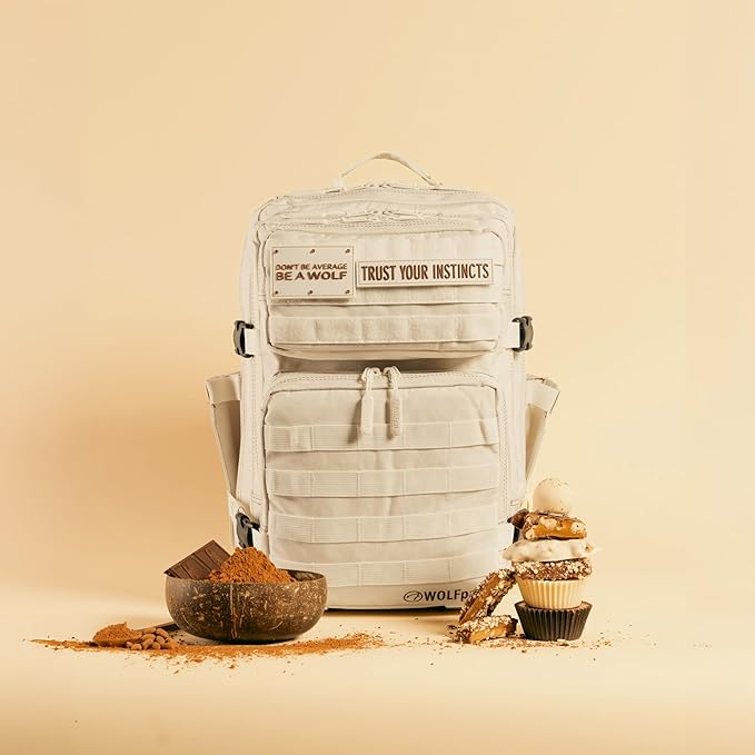 WOLFpak 35L Athletic Gym Backpack - Durable 1000D Waterproof Oxford Material with MOLLE Webbing, Laptop Pocket & Dual Cup Holders, Durable Fitness/Travel/Military Daypack (Vanilla)