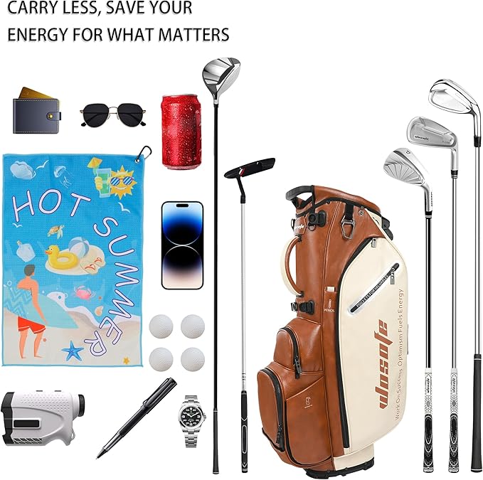 WOSOFE PU Golf Bag with 6/14 Way Top Dividers Automatically Adjustable Dual Straps Elegant Design for Men Women Pu Golf Stand Bag with Multiple Pockets