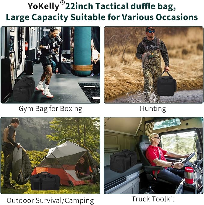 40L Tactical Duffle Bag Mens Gym Bag- 22 inch Military Duffle Bag with Shoes Compartment, Outdoor Equipment Gear for Weekend Overnight Travel - Black