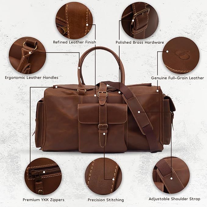 Premium Leather Duffle Bag for Travel (21 Inches) | Leather Travel Bag with Adjustable Shoulder Strap - Large, Weekend Overnight Luggage Bag for Men & Women (Brown)