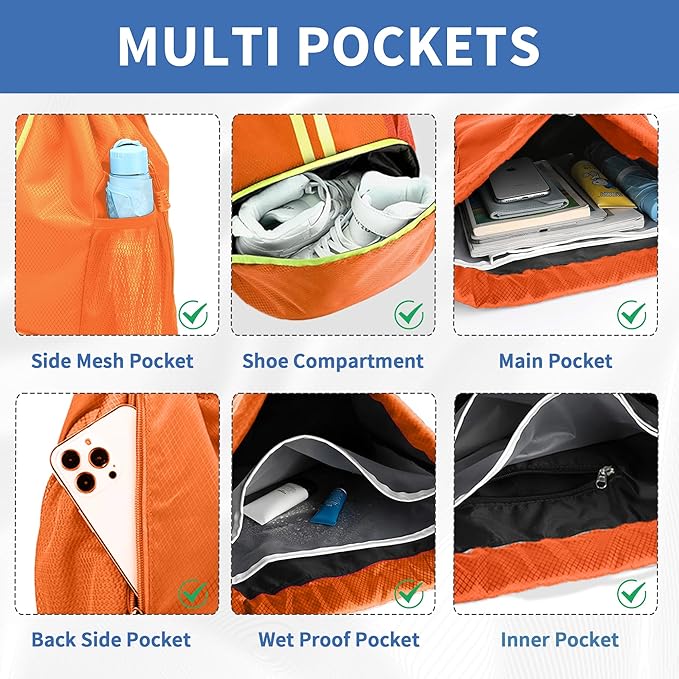 Drawstring Backpack Gym Bag with Shoes Compartment for Soccer, Basketball, Swim, Water-Resistant String Backpack Beach Cinch for Women Men, Orange