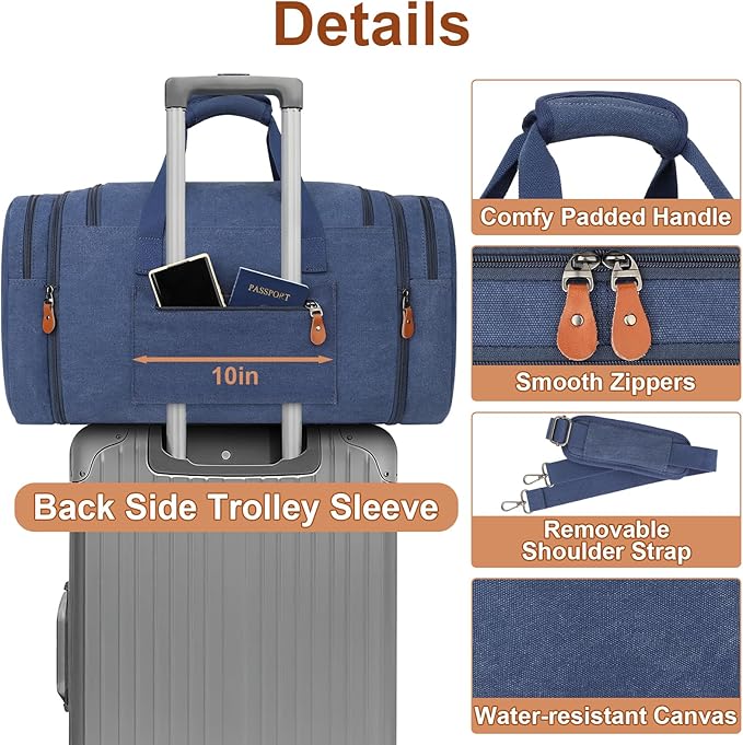 Canvas Mens Duffle Bag for Travel - Expandable 50L Weekender Bags with Toiletry Bag, Overnight Bag Travel Duffel Carry On Luggage with Removable Shoulder Strap, Durable & Water-Resistant
