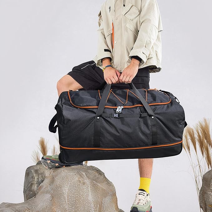 32” 1680D Oxford Foldable Duffle Bag with 2 Wheels,110L to 140L Expandable Soft Sided Rolling Travel Bag,Black-orange