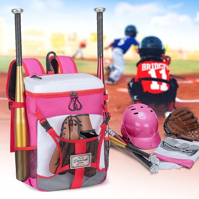 Youth Baseball Bag for T Ball, Rec and Travel Ball, Softball Bag with Helmet Holder and Fence Hook