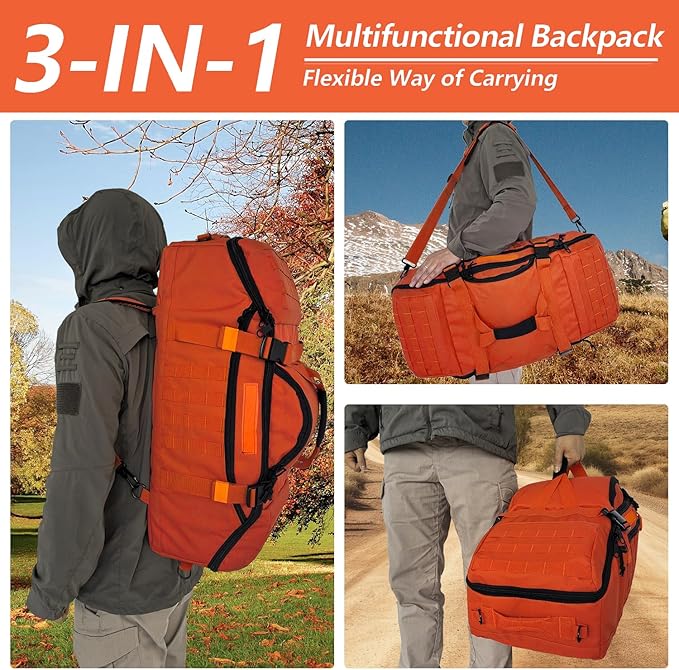 65L Large Duffle Bag, 3-in-1 Tactical Backpack MOLLE Pack for Sports, Gym, Outdoor, Orange