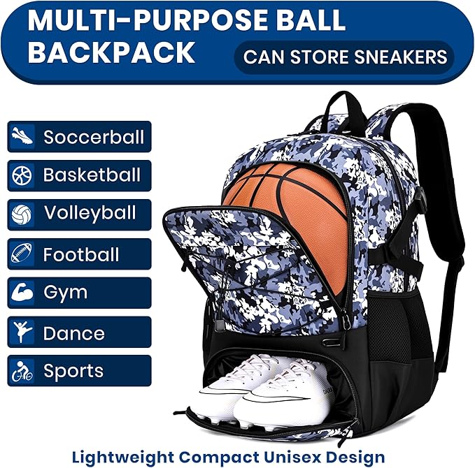 Basketball Backpack Large Sports Bag for Men&Youth,Gym Bag with Separate Ball & Shoes Compartment,Travel Bag for Basketball,Soccer,Volleyball