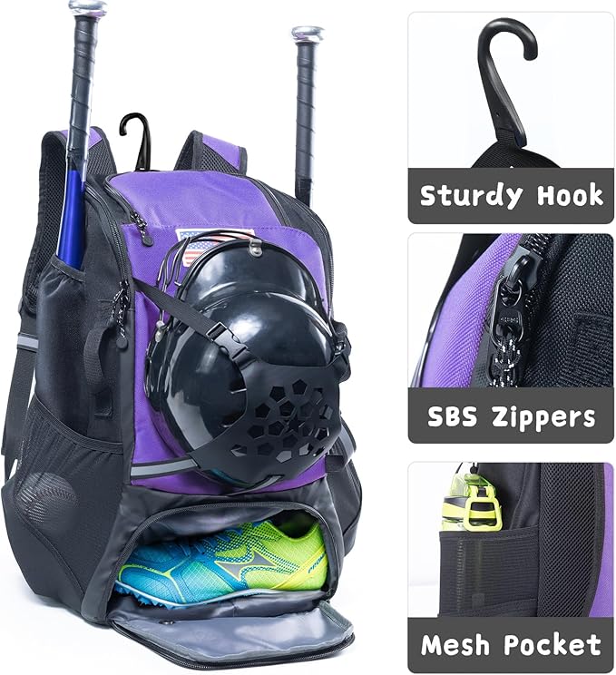 Baseball Backpack for Youth, Boys, Adults - Bat and Softball Equipment Bag With Glove Holder, Helmet, Shoes Compartment - T-Ball Accessories and Baseball Gifts