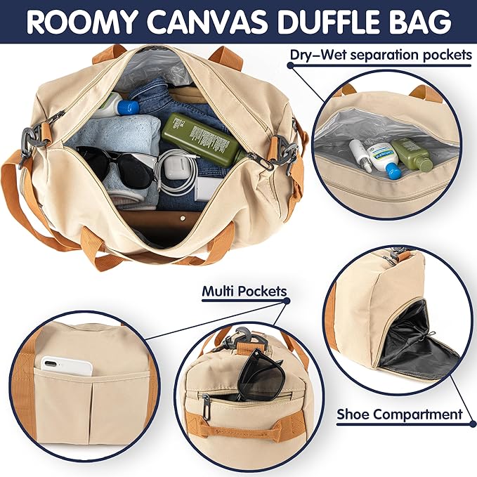 Duffle Bag for Men Personalized Overnight Bags Travel Bag with Durable Canvas Weekender Overnight Bag with Shoe Compartment Custom Groomsmen Gift for Travel Gym Storage Camping Moving (Khaki)