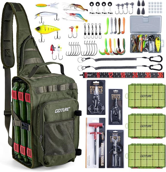 Goture OpenSide Fishing Sling Tackle Storage Bag with 3 Tackle Boxes and Tools, Lightweight Fishing Backpack Storge Gear - Green Bag Outdoor,Gift for men