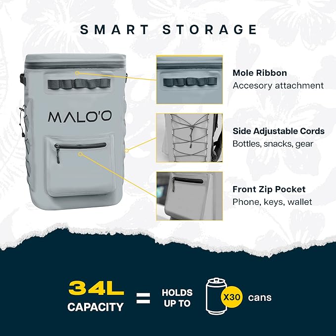 Malo'o Pro Adventure Insulated Backpack Cooler Holds 30 Cans for 48 Hours - Perfect for Camping, Hiking, Fishing, Kayaking, Sports, or Beach