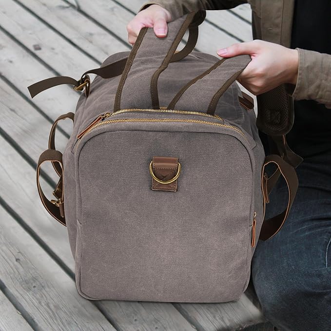 Vintage Canvas Duffle Bag, 50L Genuine Leather Travel Duffel Backpack Multifunctional Overnight Weekender Bag with Shoes Compartment Men (Grey)