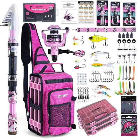 Goture Pink Fishing Rod and Reel Combo - ML Action Spinning Reel Pole with Shimmering Pink Sling Bag - 8FT Telescopic Rod Kit for Starter Travel Saltwater Freshwater