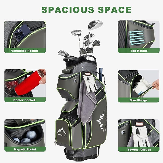 UNIHIMAL 14-Way Golf Cart Bag with Full Length Divider, Premium PU Leather Golf Bag with Plush Top, Magnetic Pocket and Rain Cover for Men